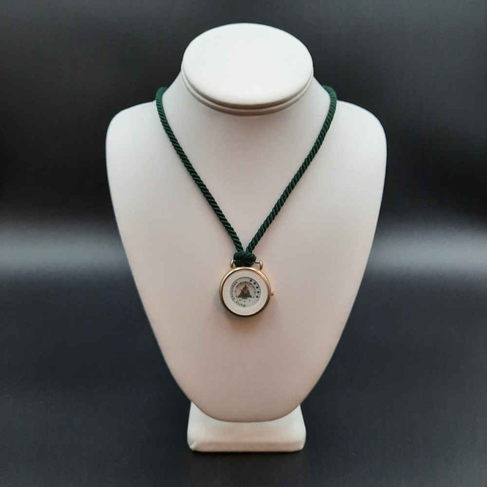 Quintiel Merry Christmas Tree Watch Necklace Gold Tone‎ Green Cord